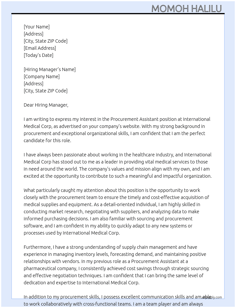 Procurement assistant  At International medical Corp  Cover Letter