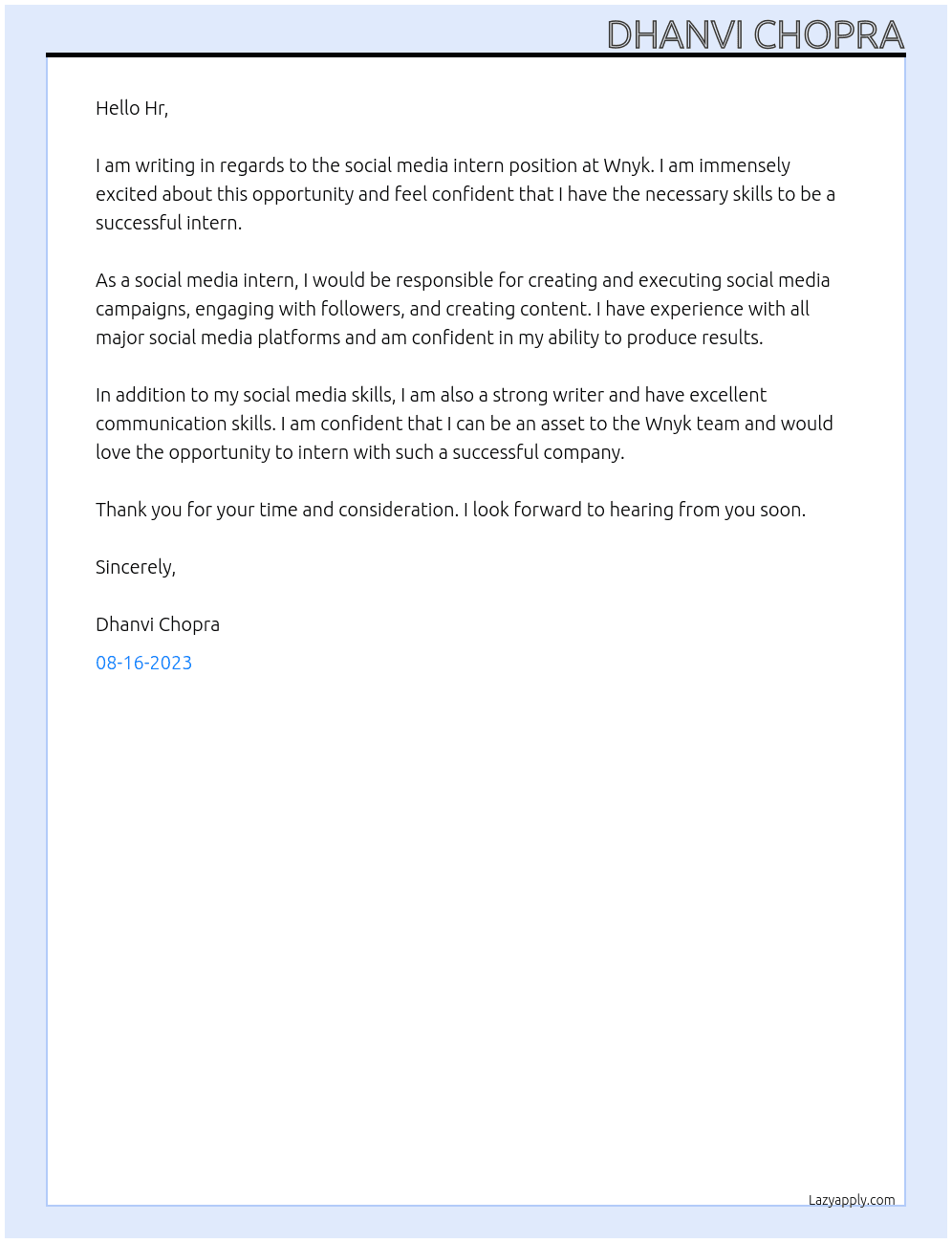 Social media intern  At Wnyk  Cover Letter