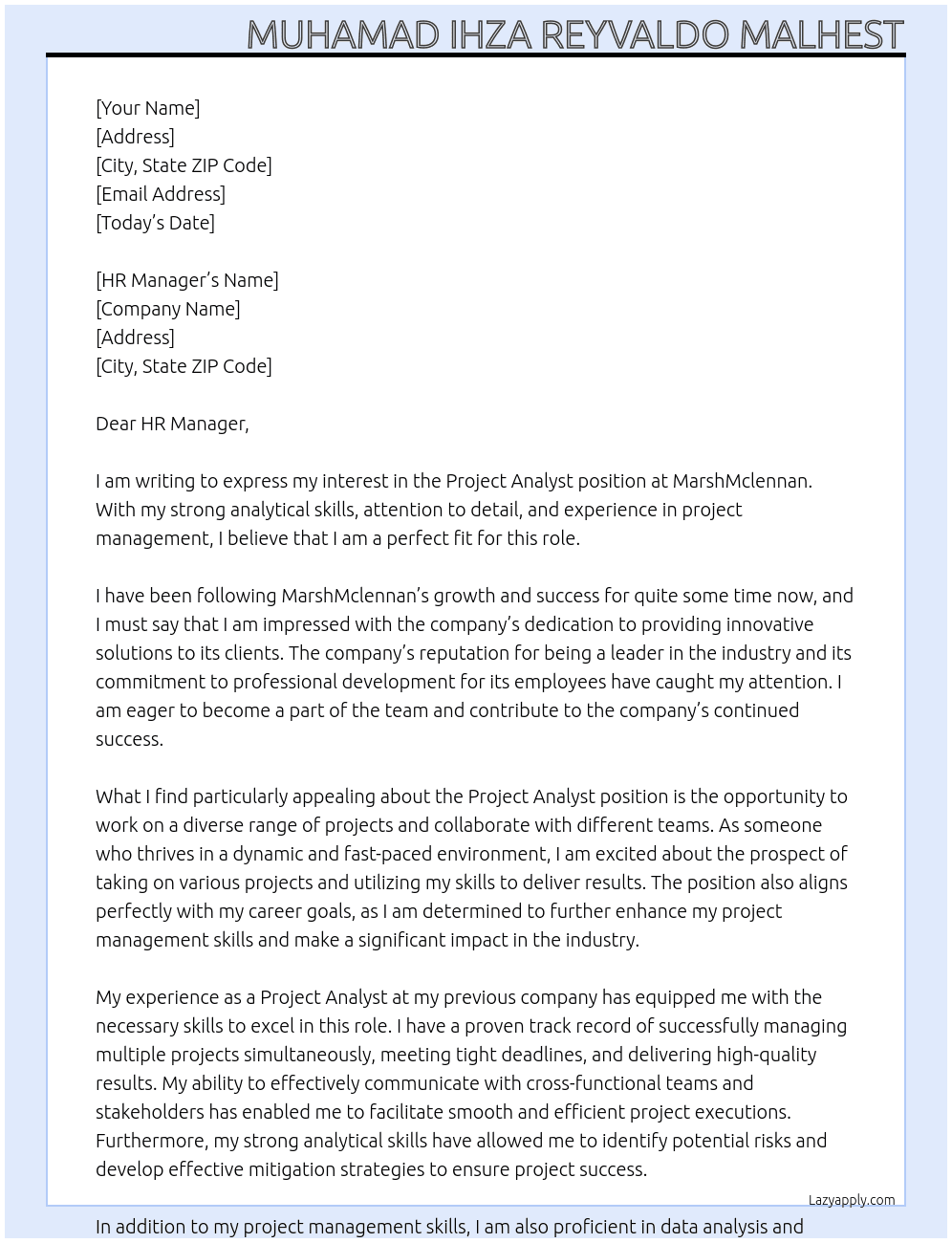 Project Analyst At MarshMclennan Cover Letter