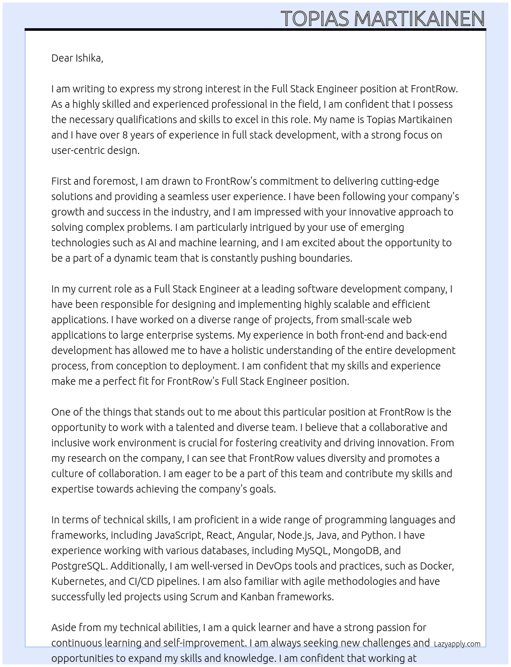 Full Stack Engineer At FrontRow Cover Letter
