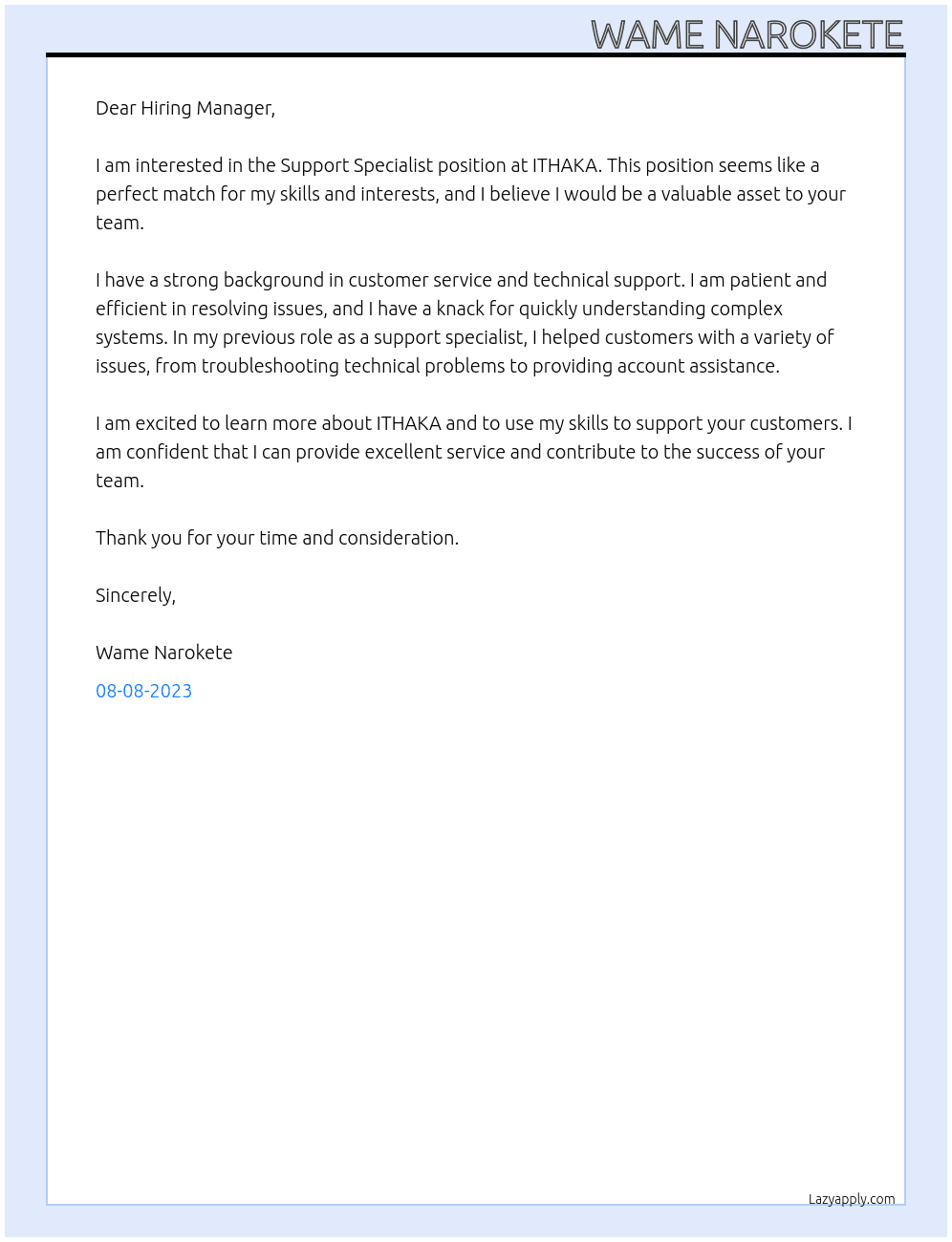 Support Specialist At ITHAKA Cover Letter