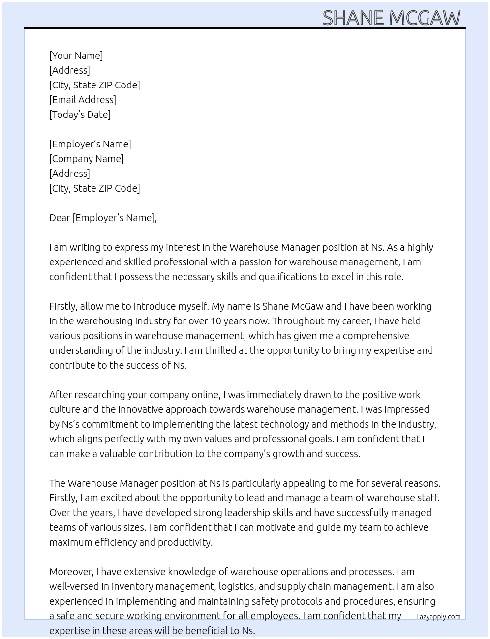 Warehouse Manager At Ns Cover Letter