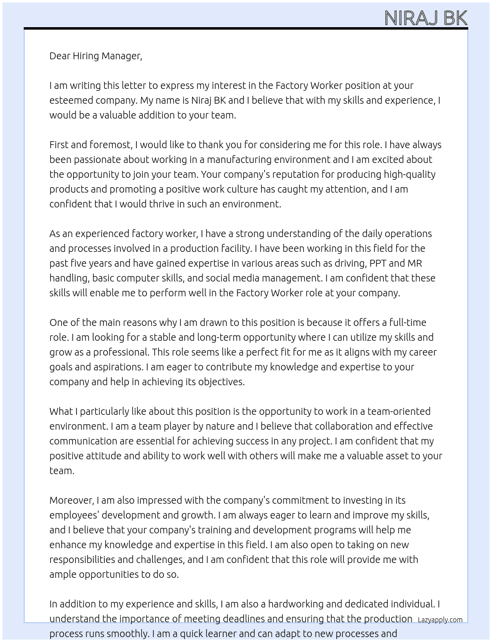 Factory worker At Factory worker Cover Letter