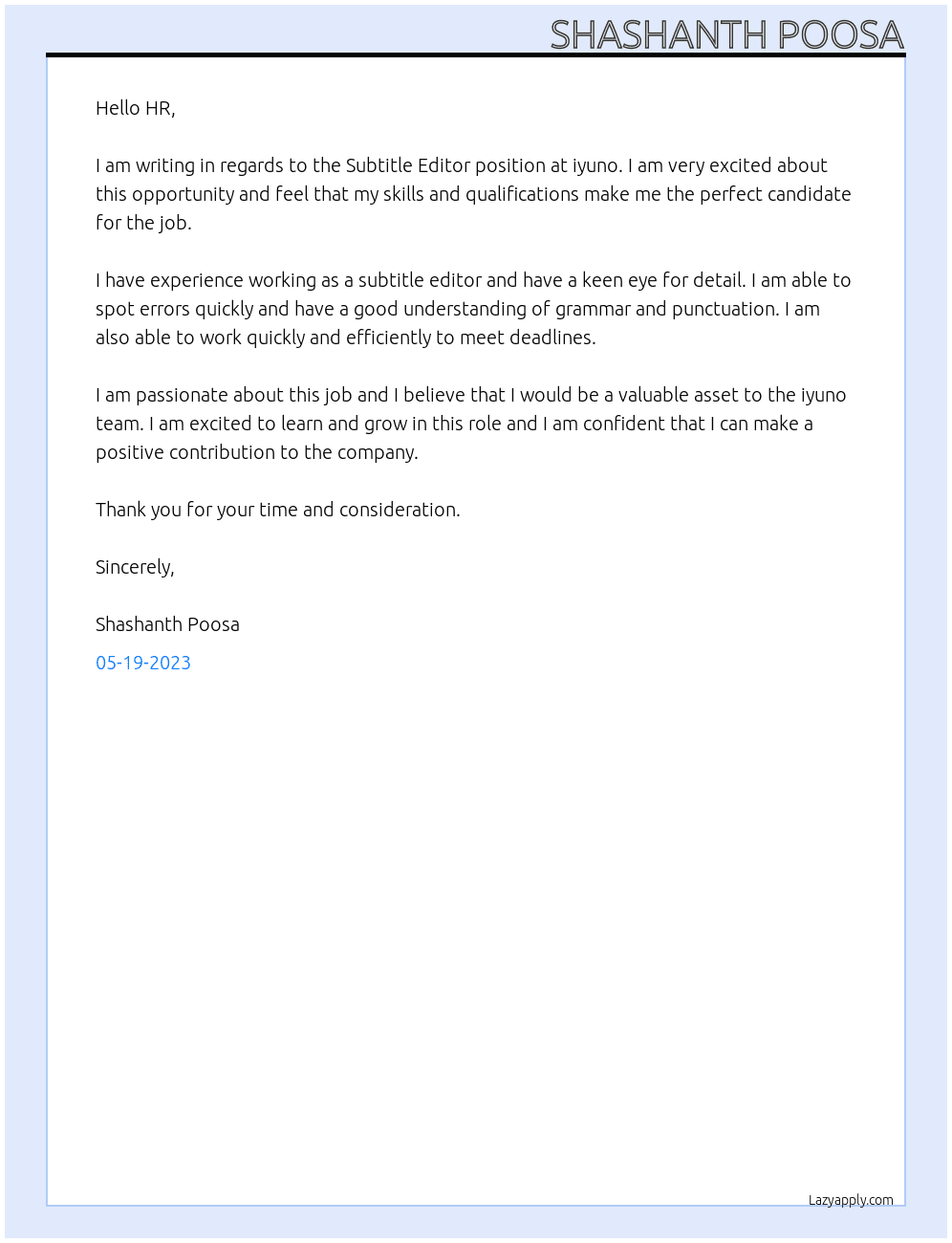 Subtitle Editor  At iyuno Cover Letter