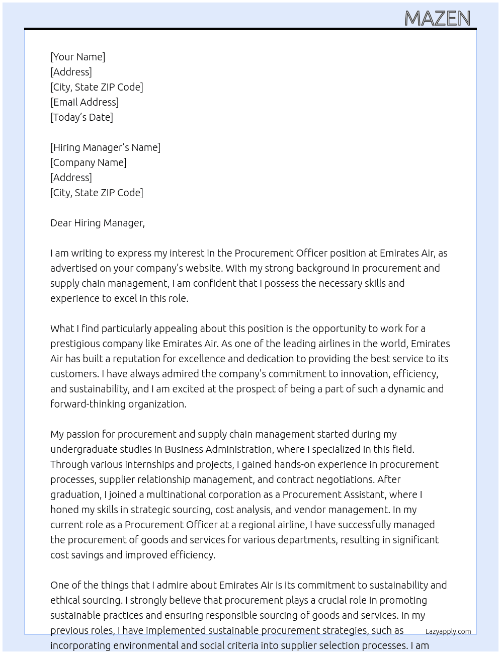 Procurement Officer  At Emirates Air  Cover Letter