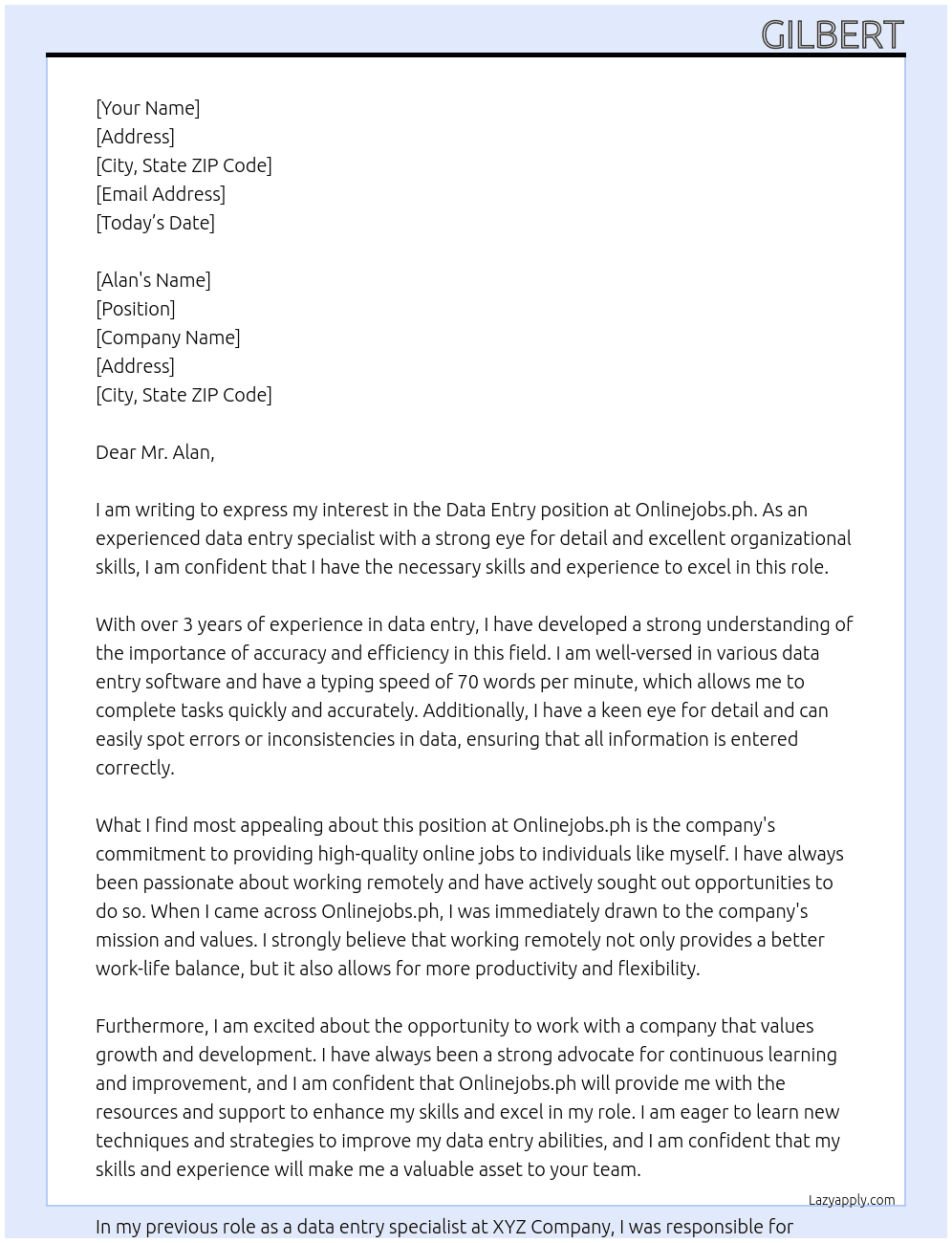 data entry At Onlinejobs.ph Cover Letter