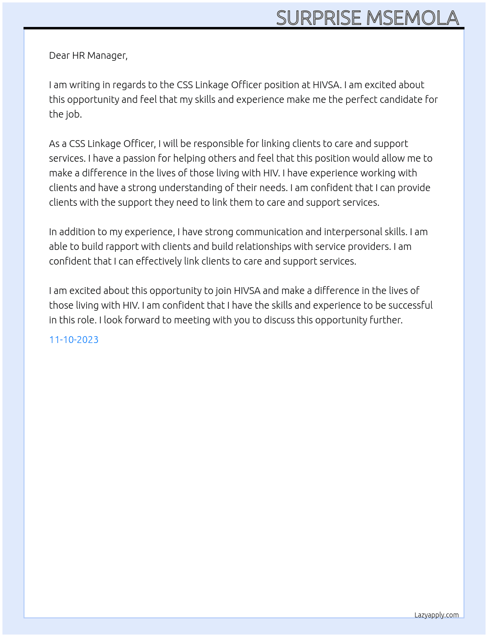 CSS Linkage Officer At HIVSA Cover Letter