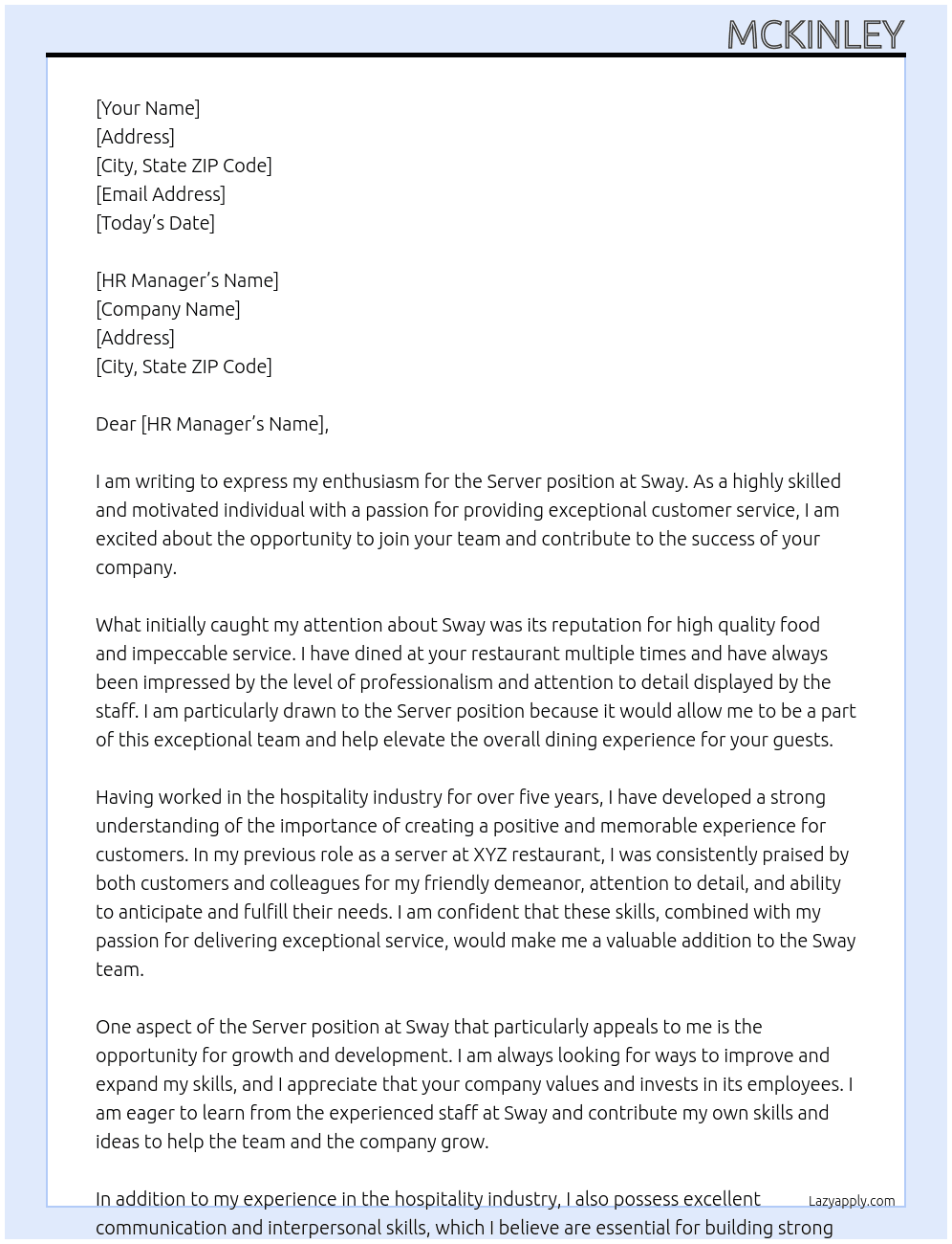 Server At Sway Cover Letter