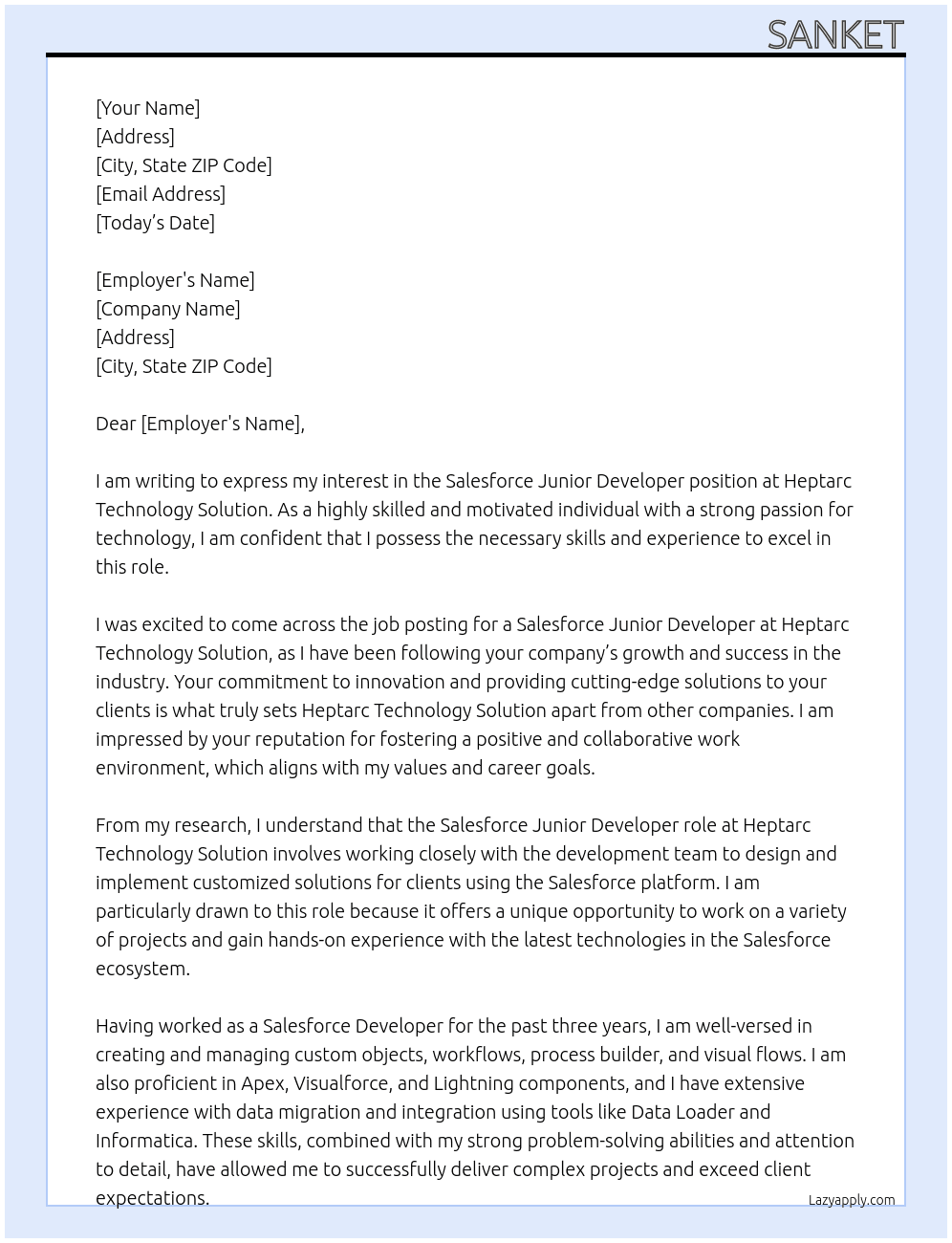 Salesforce Junior Developer At Heptarc Technology Solution Cover Letter