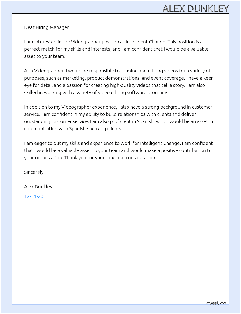 Videographer At Intelligent Change Cover Letter