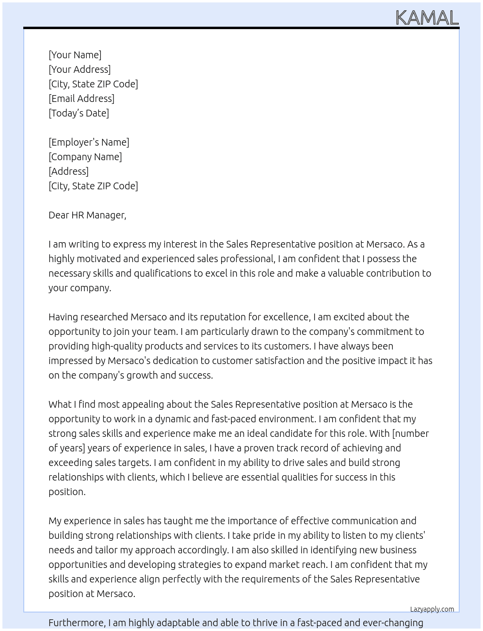 Sales Representative At Mersaco Cover Letter