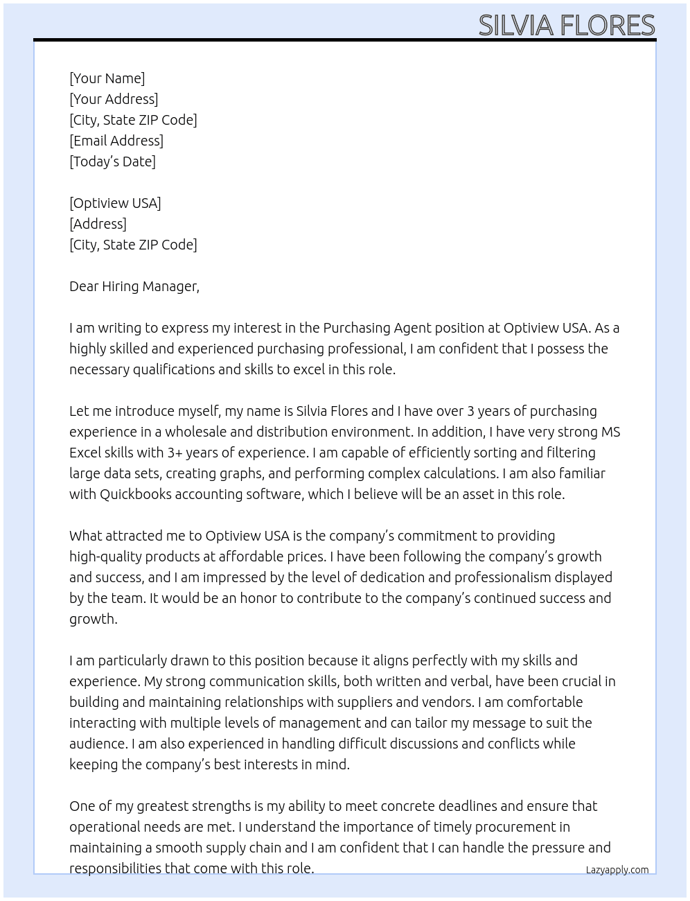Purchasing Agent At Optiview USA Cover Letter