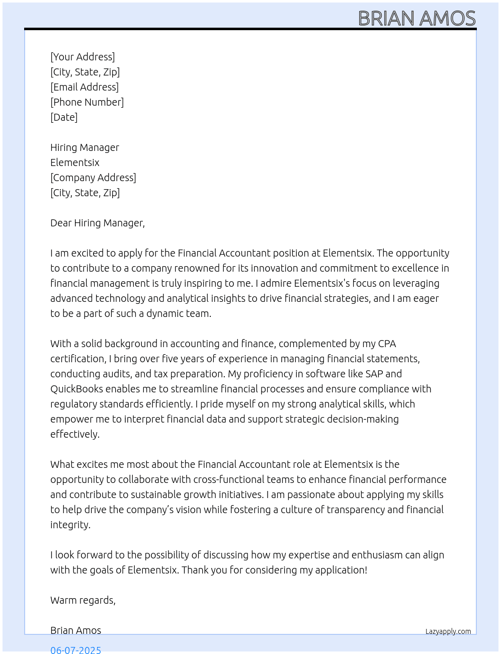 Financial Accountant At Elementsix Cover Letter