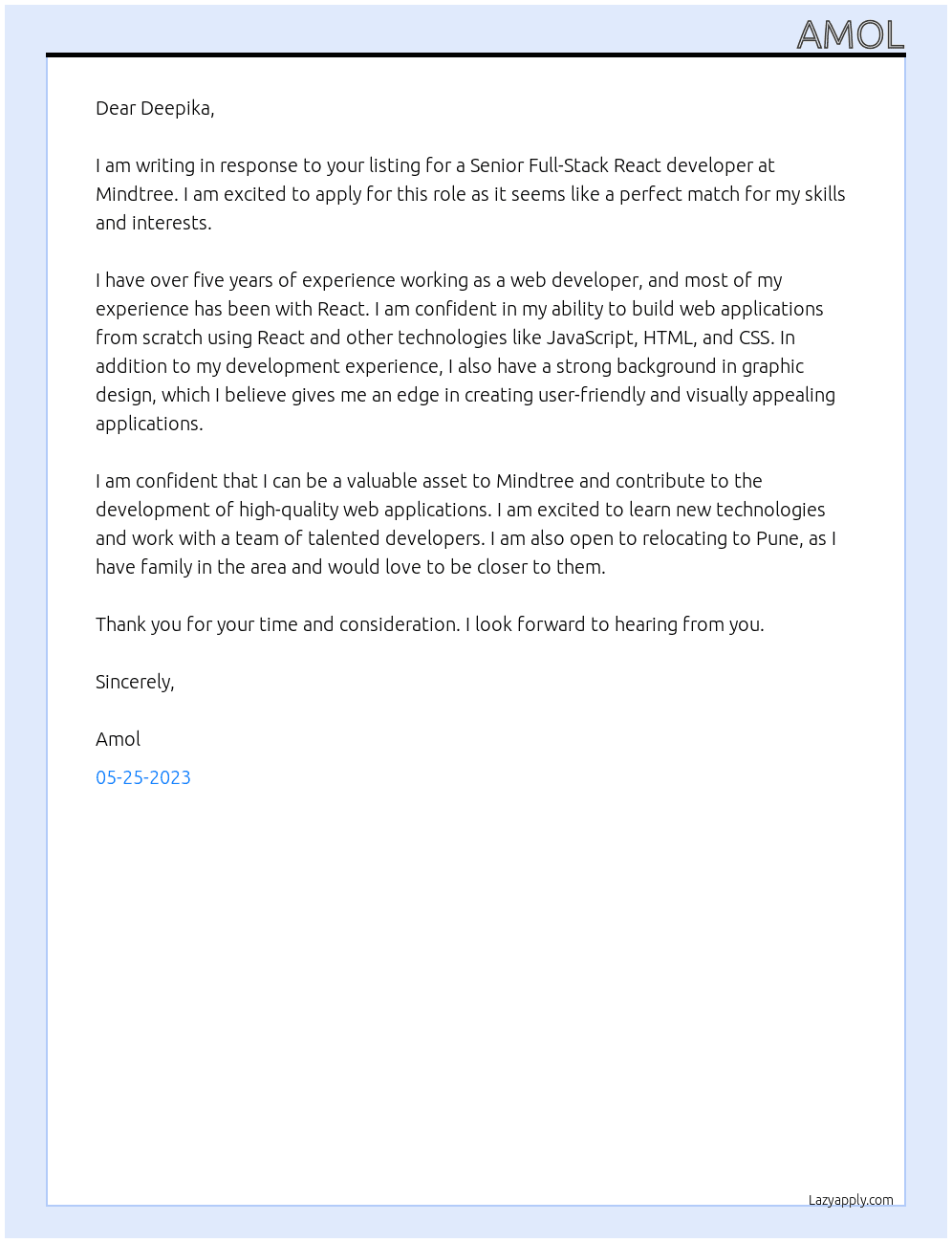  Senior Full-Stack React At Mindtree Cover Letter