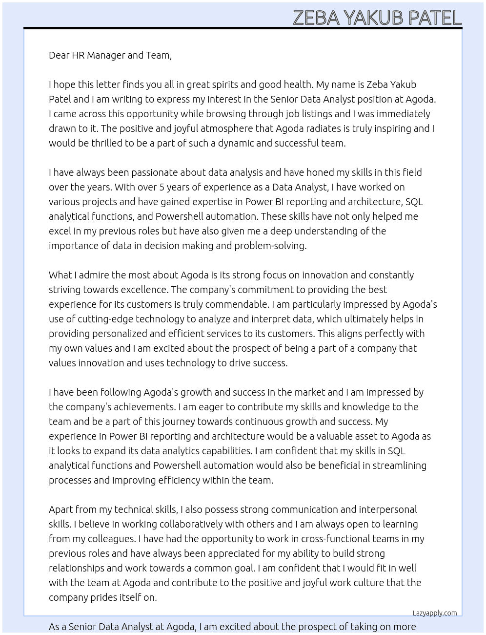 Senior Data Analyst At Agoda Cover Letter
