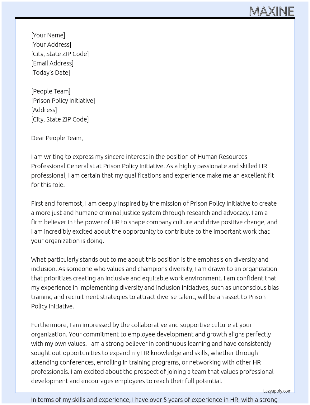 Human Resources Professional Generalist At Prison Policy Initiative. Cover Letter