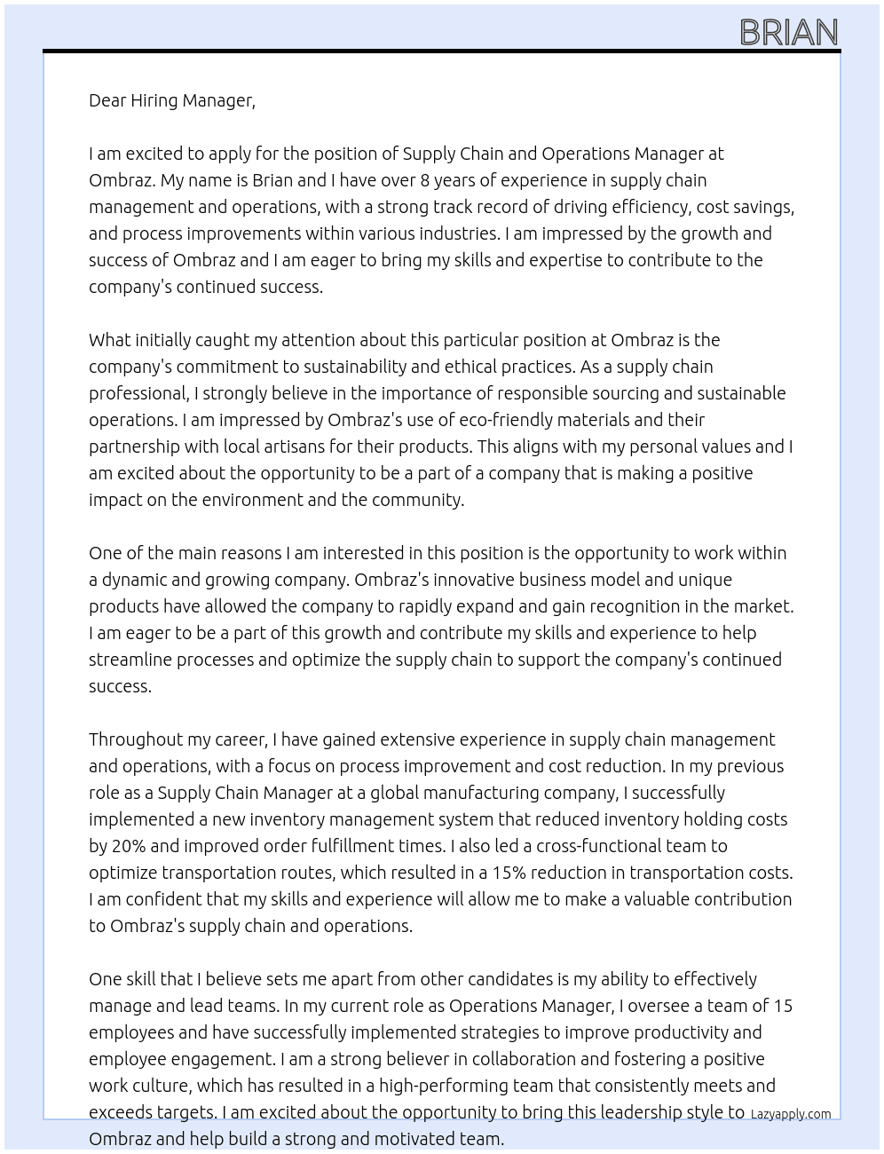 Supply chain and operations manager At Ombraz Cover Letter