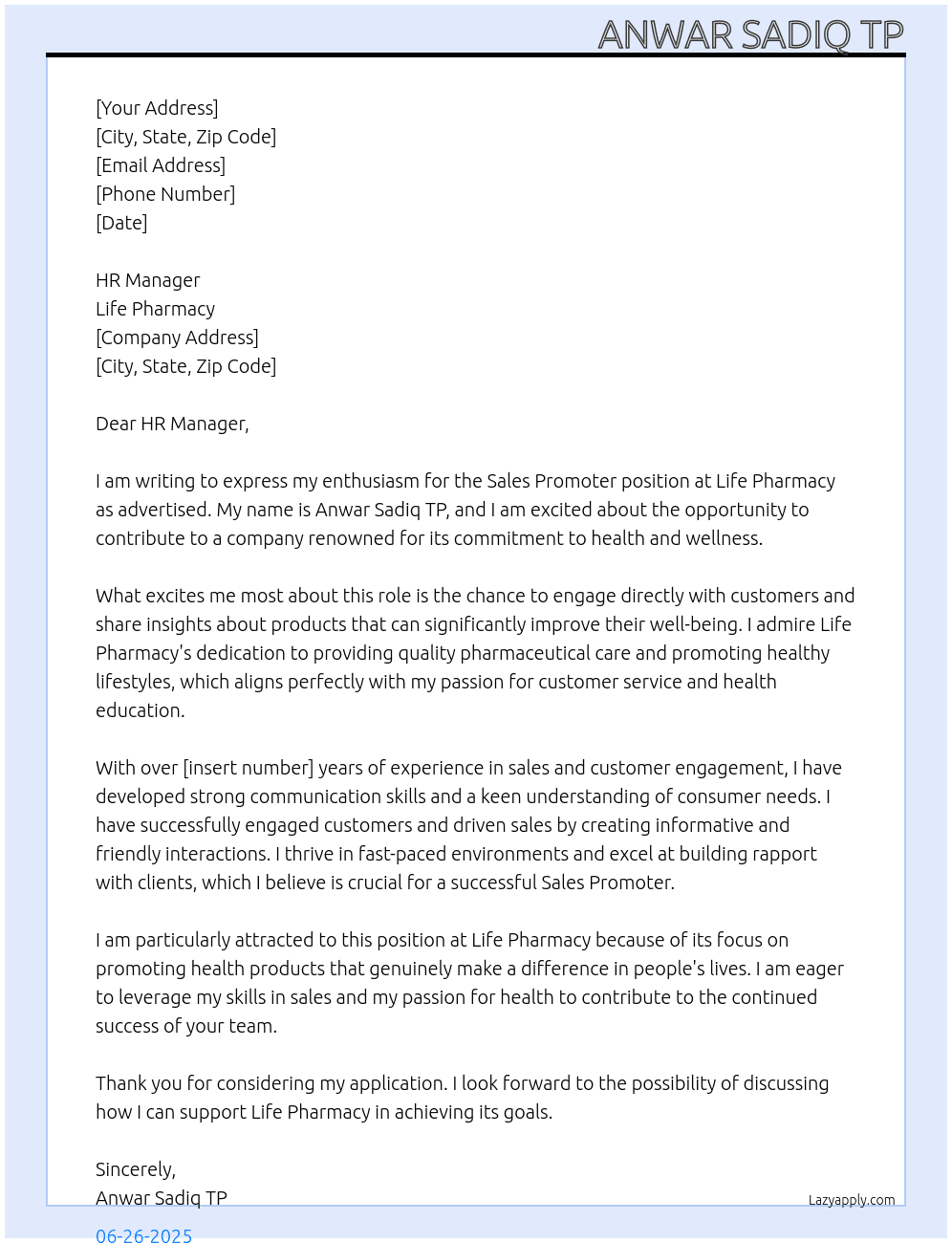 Sales Promoter At Life Pharmacy  Cover Letter