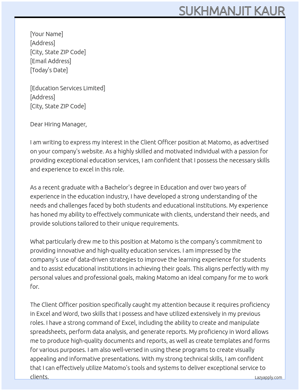 Client Officer At Matomo Cover Letter