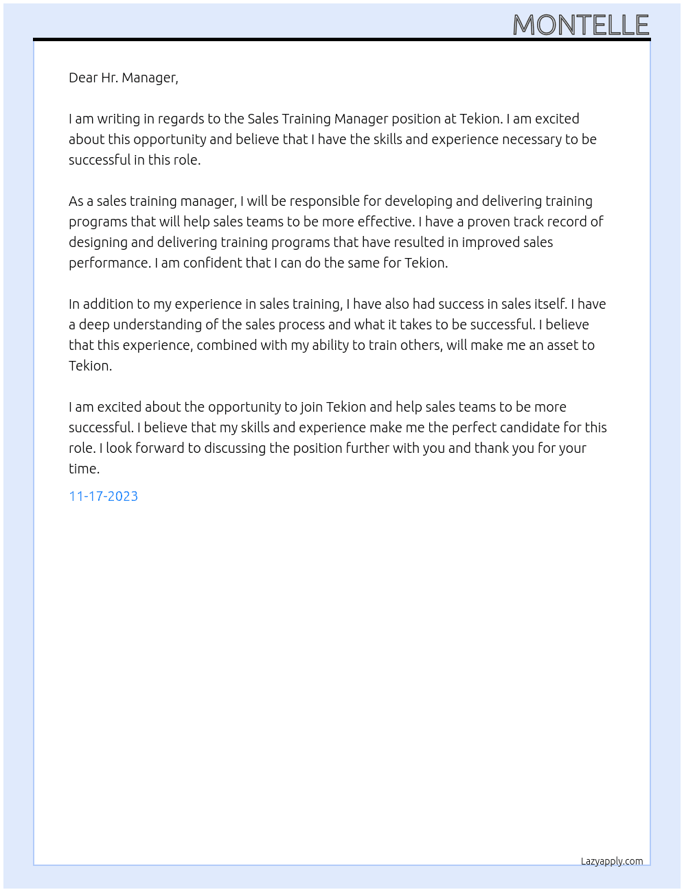 Sales Training Manager At Tekion Cover Letter