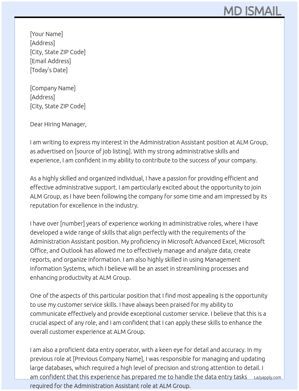 Administration Assistant  At ALM Group  Cover Letter