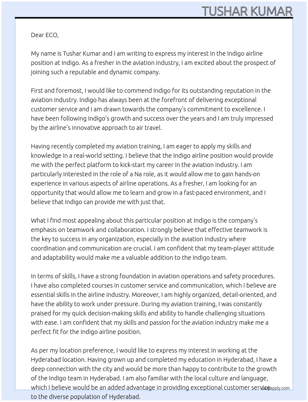 Indigo airline At Indigo Cover Letter
