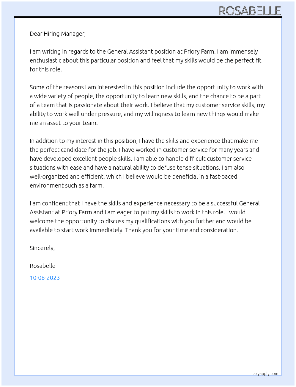 General assistant At Priory farm Cover Letter