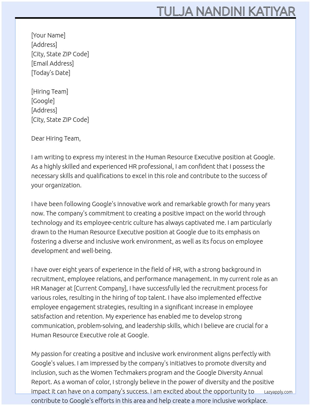 Human Resource Executive At Google Cover Letter