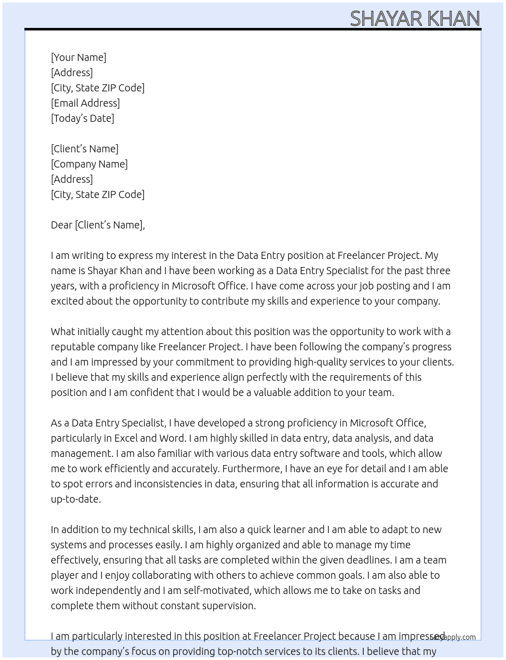 Data Entry At FREELANCER PROJECT Cover Letter