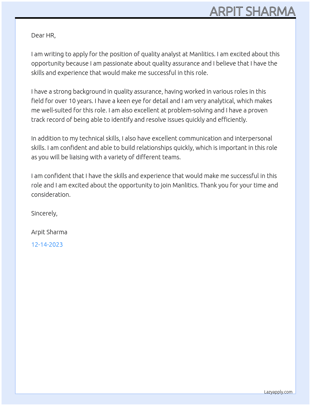 quality analyst At Manlitics Cover Letter