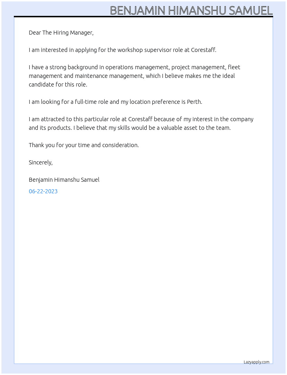 workshop supervisor At Corestaff Cover Letter