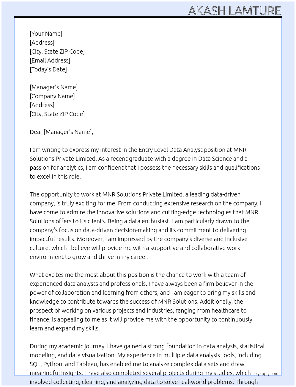 Entry Level Data Analyst At  MNR Solutions Private Limited Cover Letter