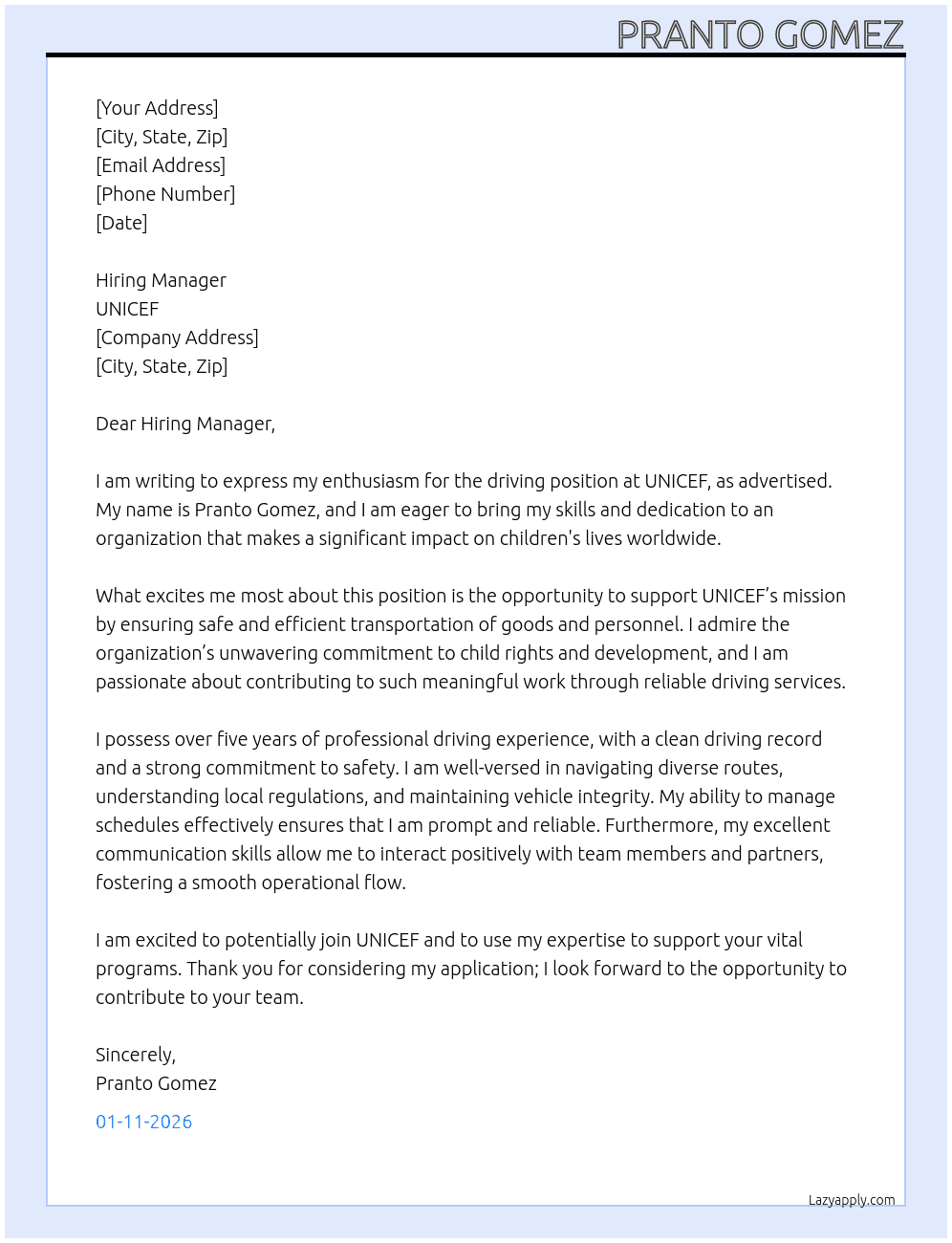 Driving At unicef Cover Letter