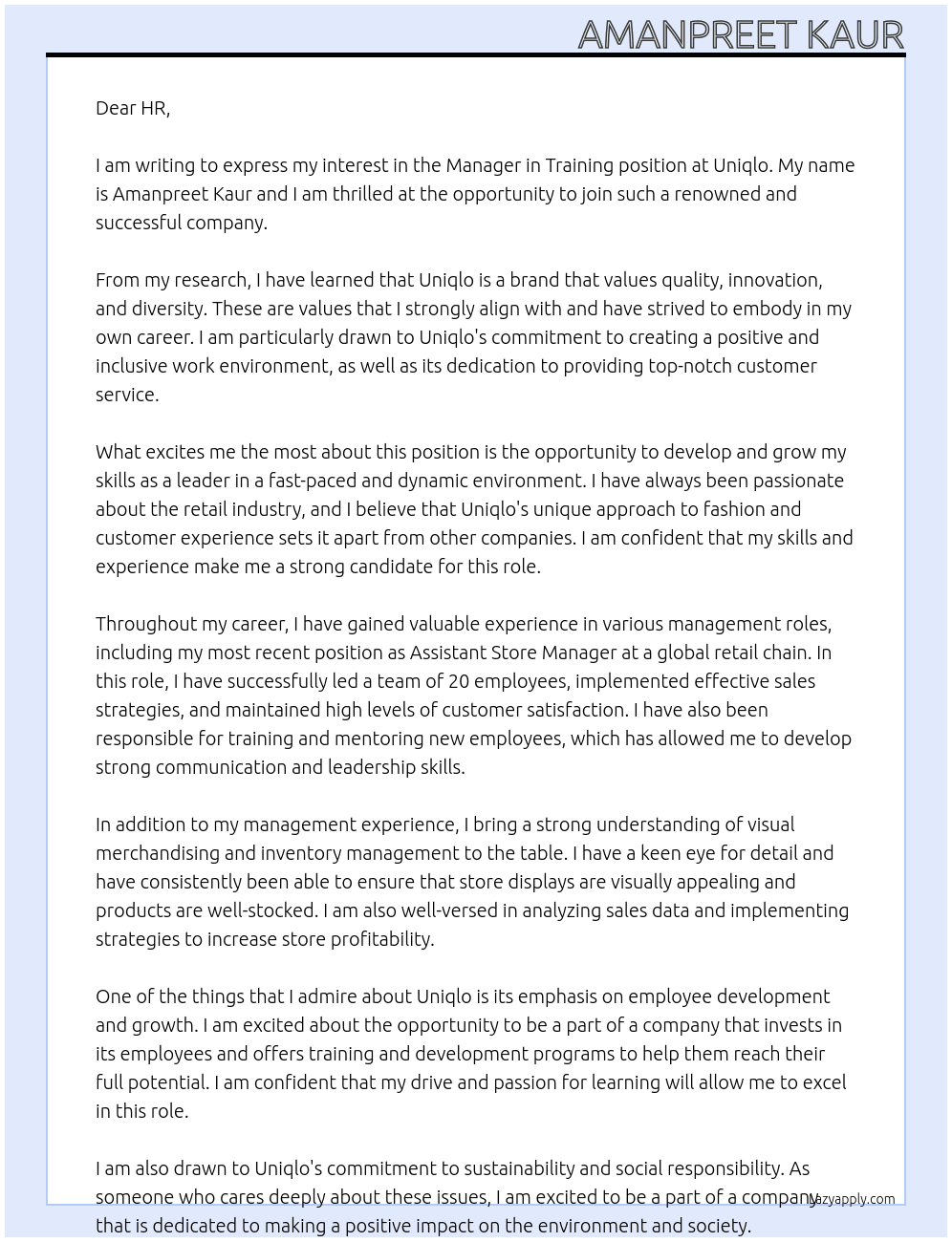 Manager in training  At Uniqlo Cover Letter