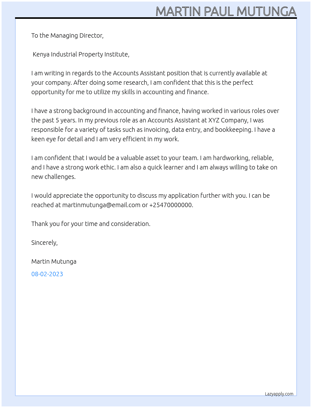 accounts assistant At kenya industrial property institute Cover Letter