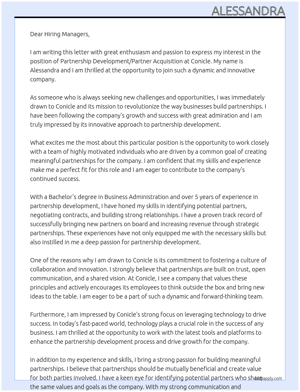 Partnership Development/ Partner Acquisition At Conicle Cover Letter