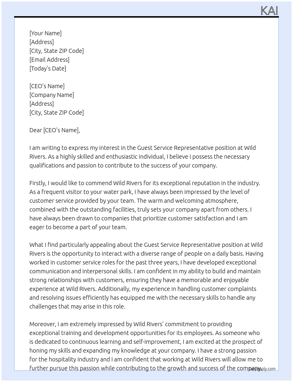 Guest service representative  At Wild rivers Cover Letter