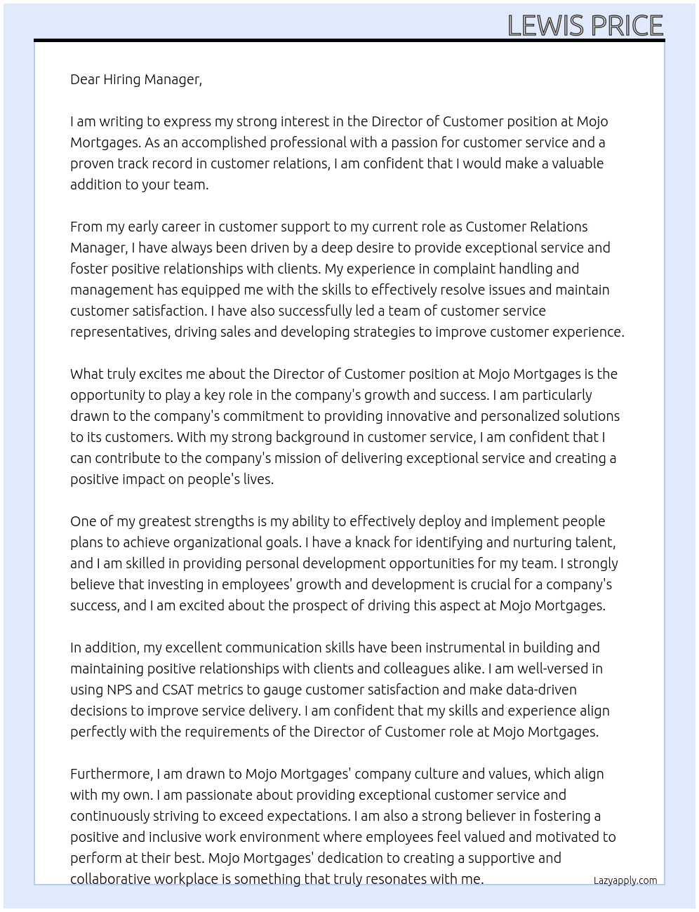 Director of Customer At Mojo Mortgages  Cover Letter