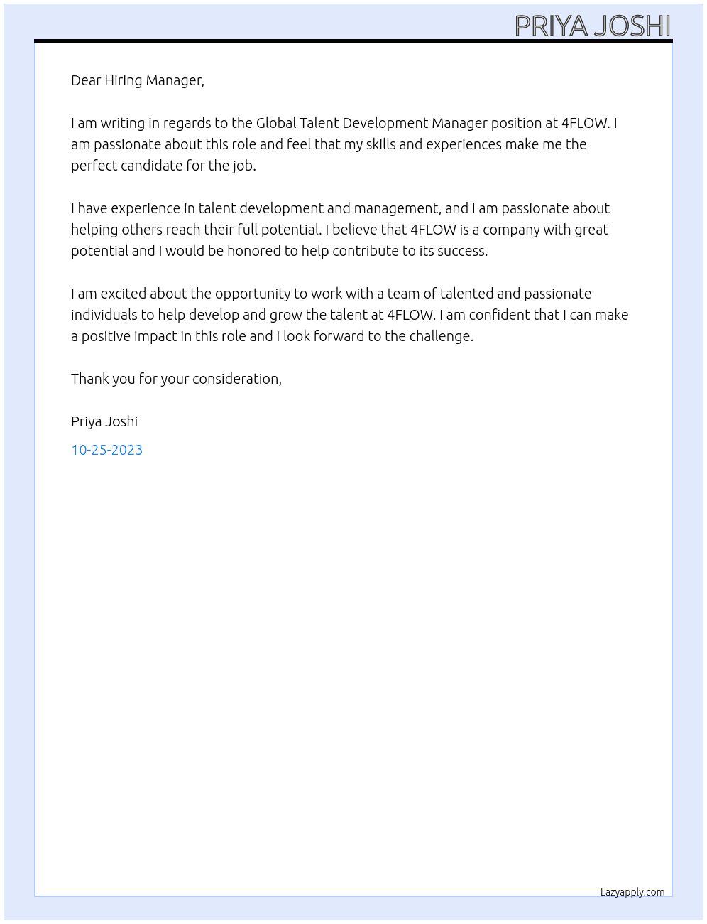Global Talent Development Manager At 4FLOW Cover Letter