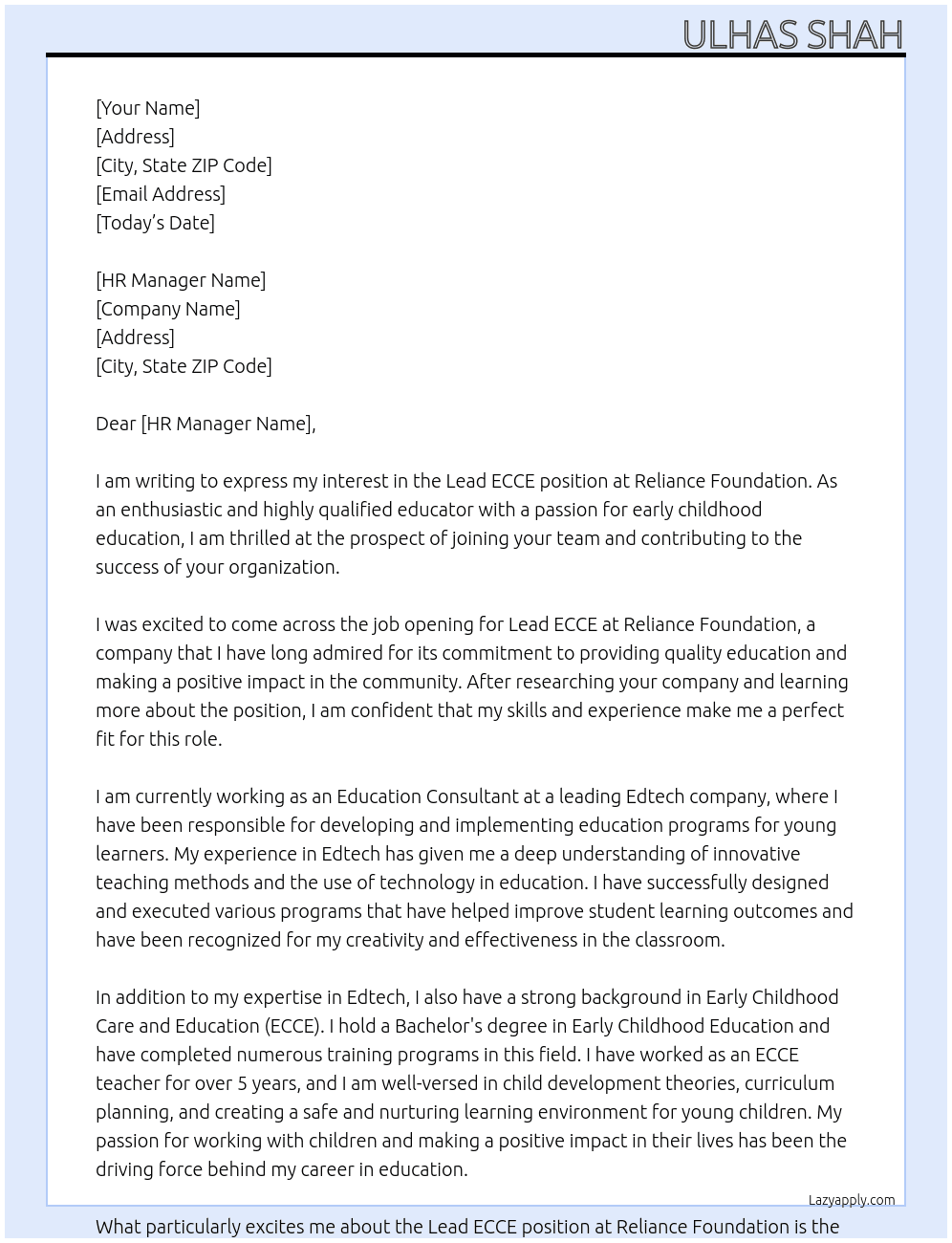 Lead ECCE At Reliance Foudation Cover Letter