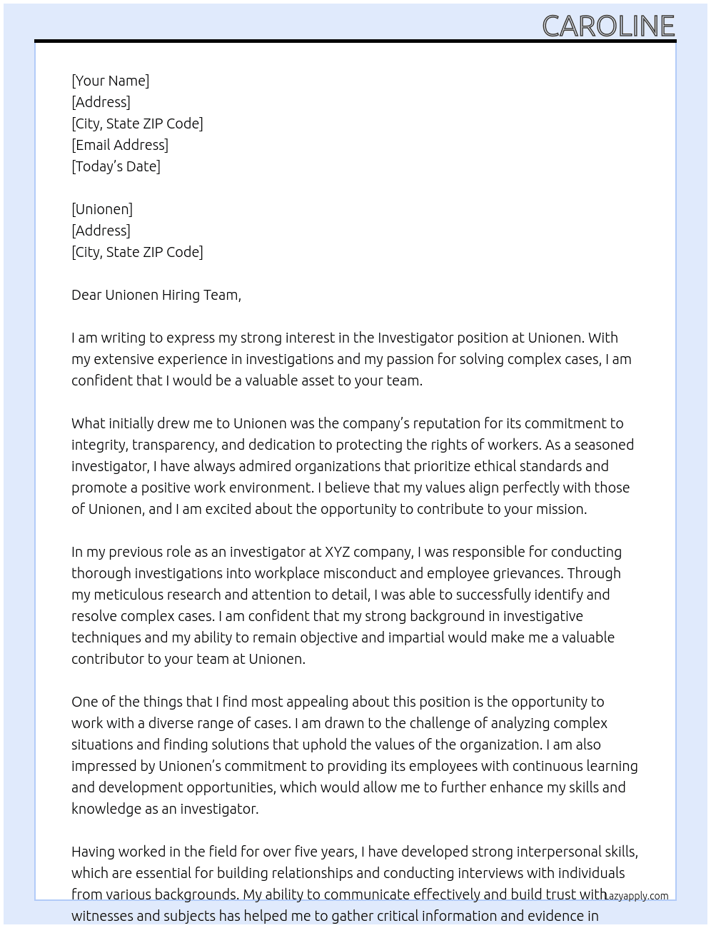 investigator At Unionen Cover Letter
