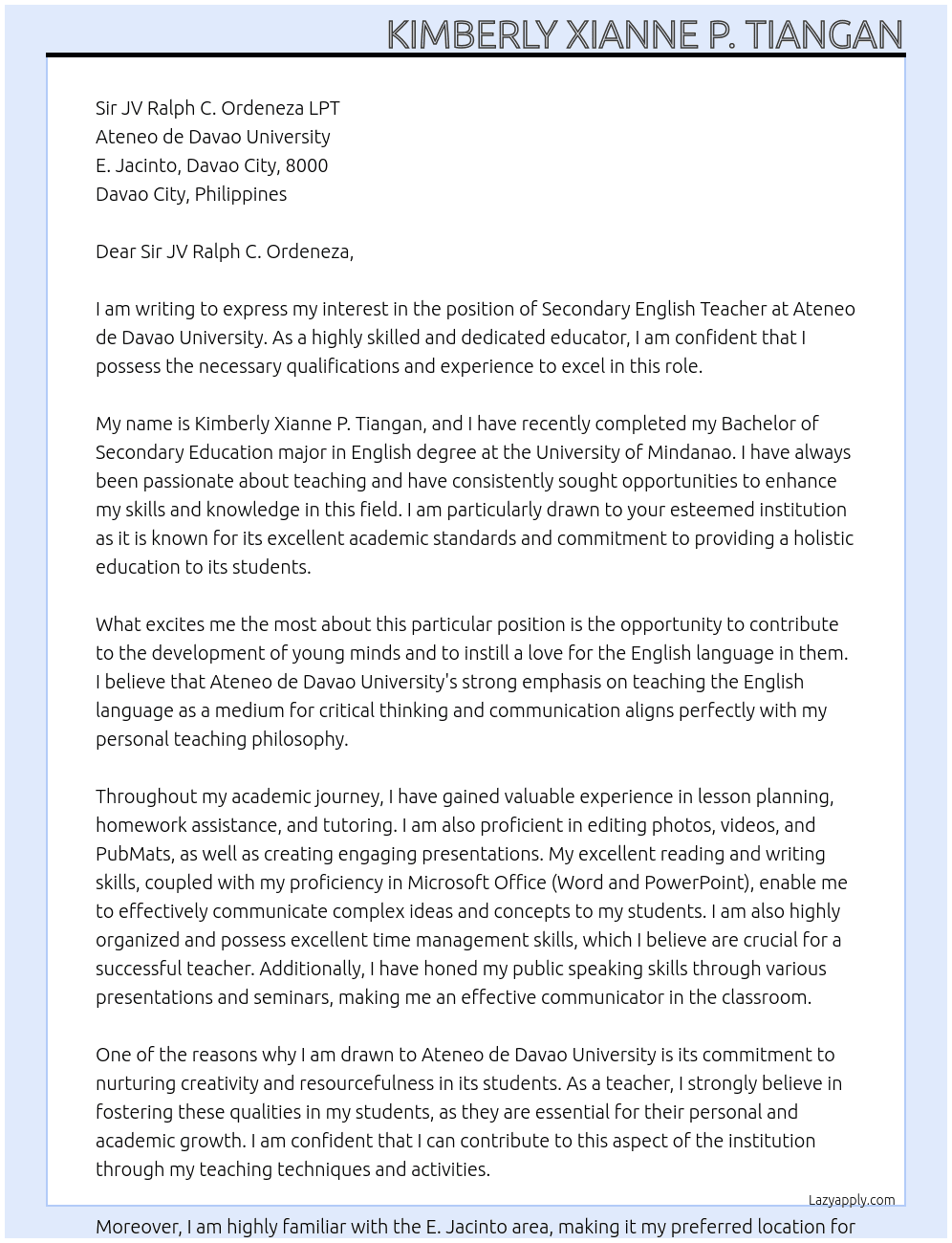 Secondary English Teacher At Ateneo de Davao University Cover Letter