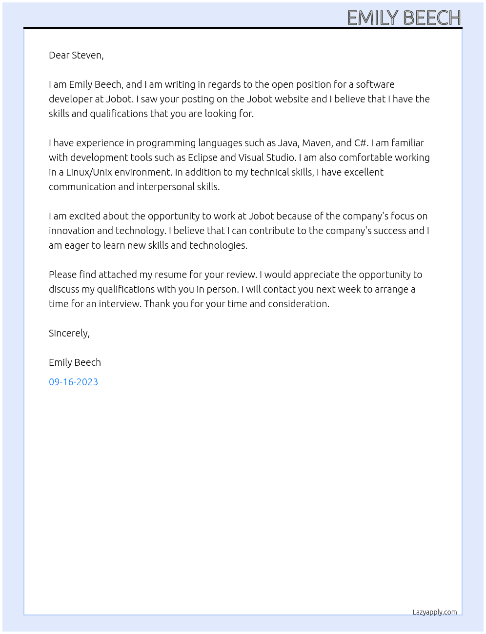 software devoloper At Jobot Cover Letter