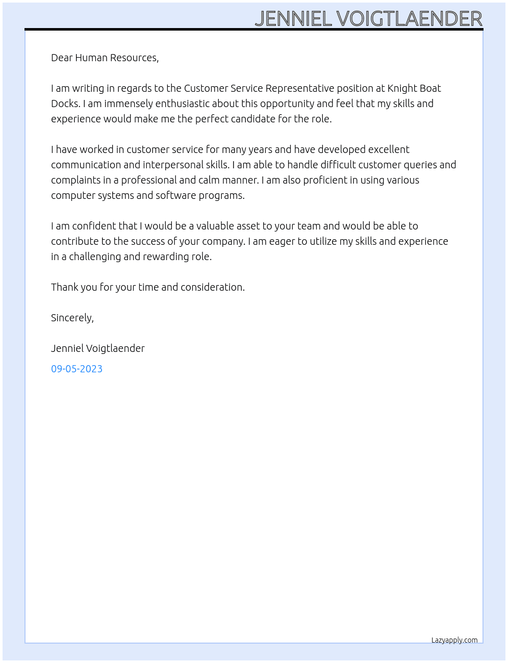 Customer Service Represenetive At Knight Boat Docks Cover Letter