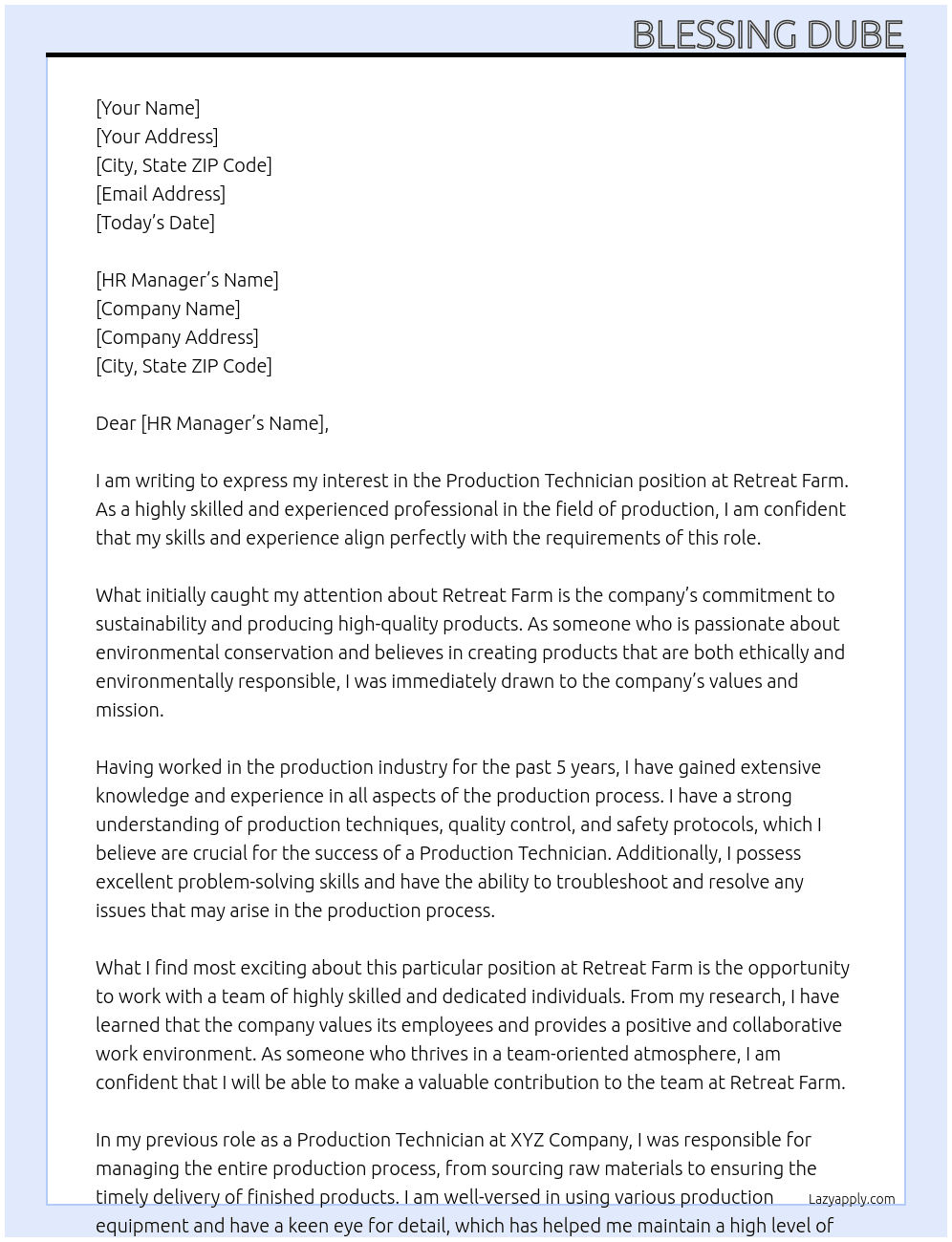 Production Technician  At Retreat Farm Cover Letter