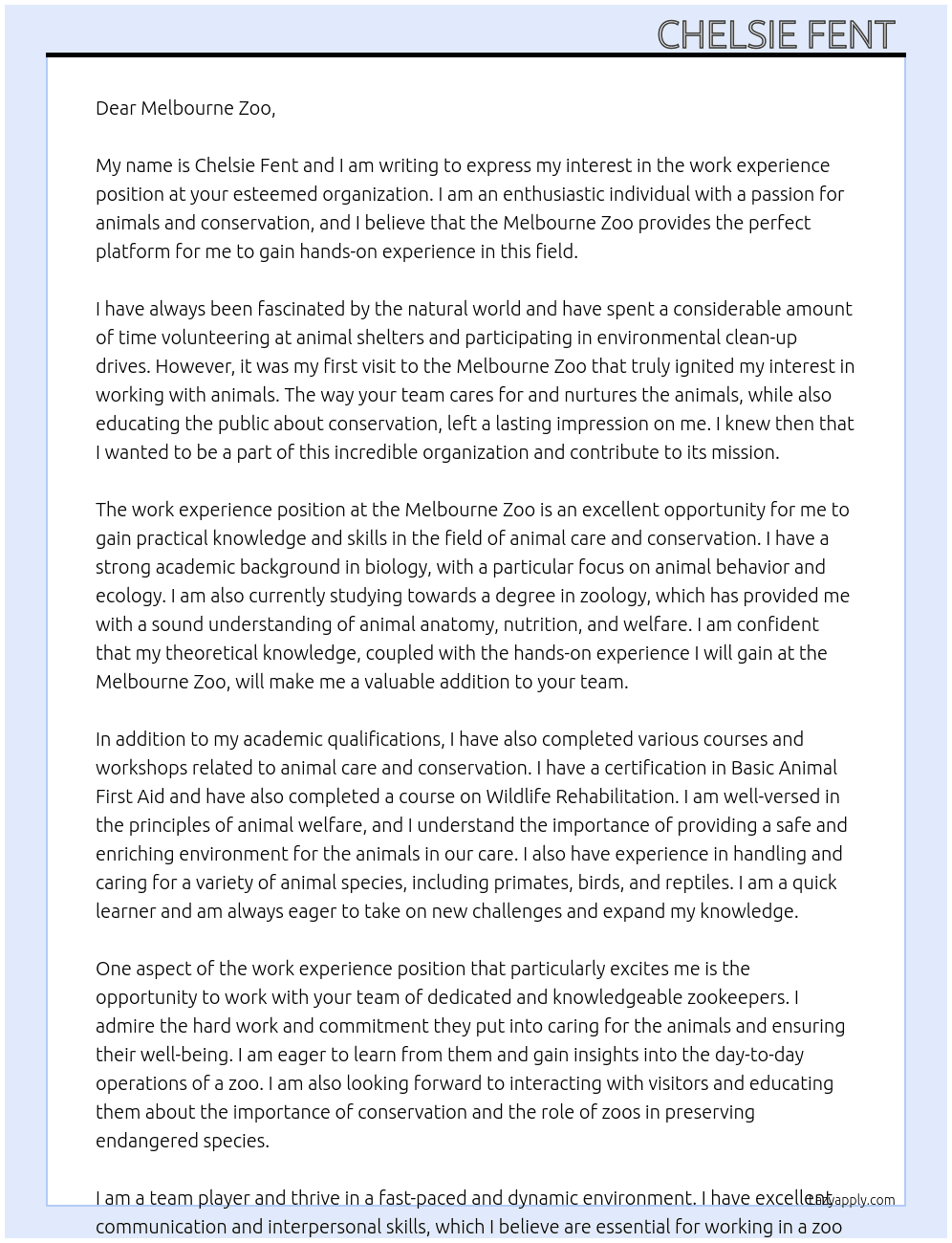 work expreince at the zoo At melbourne zoo Cover Letter