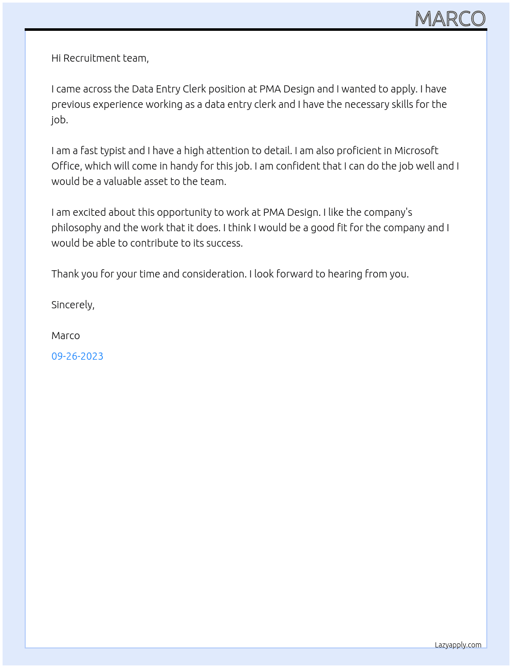 Data Entry Clerk At PMA Design Cover Letter