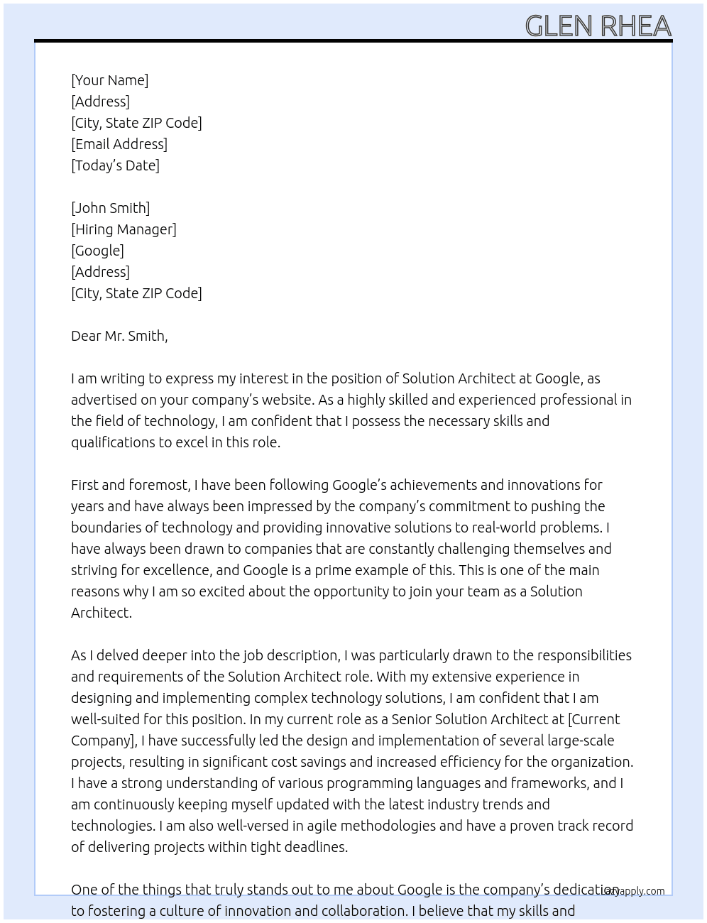 Solution Architect At Google Cover Letter