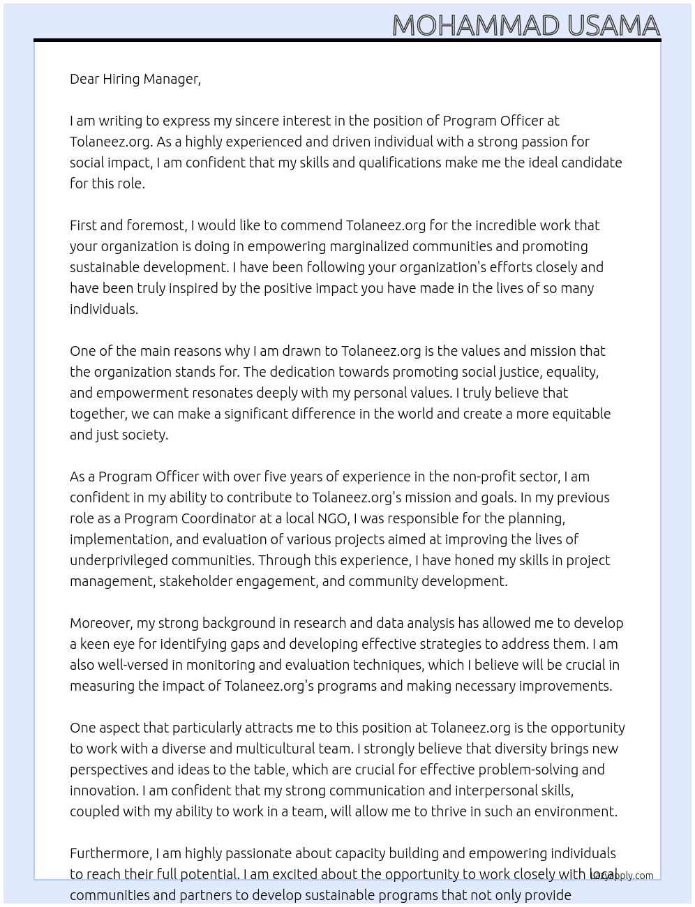 program officer At tolaneez.org Cover Letter