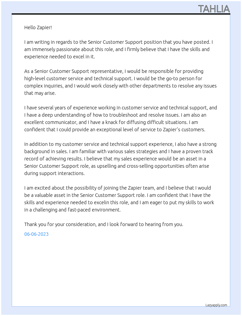 Senior customer support At Zapier Cover Letter
